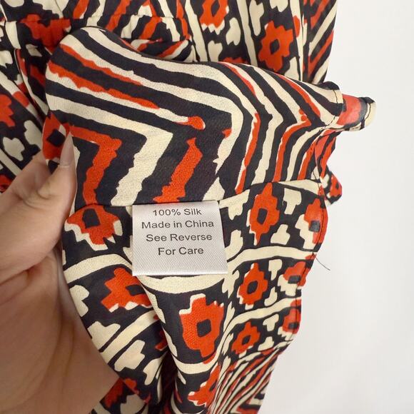 Parker XS Red Cream Black Geometric Print Silk Long Sleeve Surplice Neck Dress - Picture 7 of 8